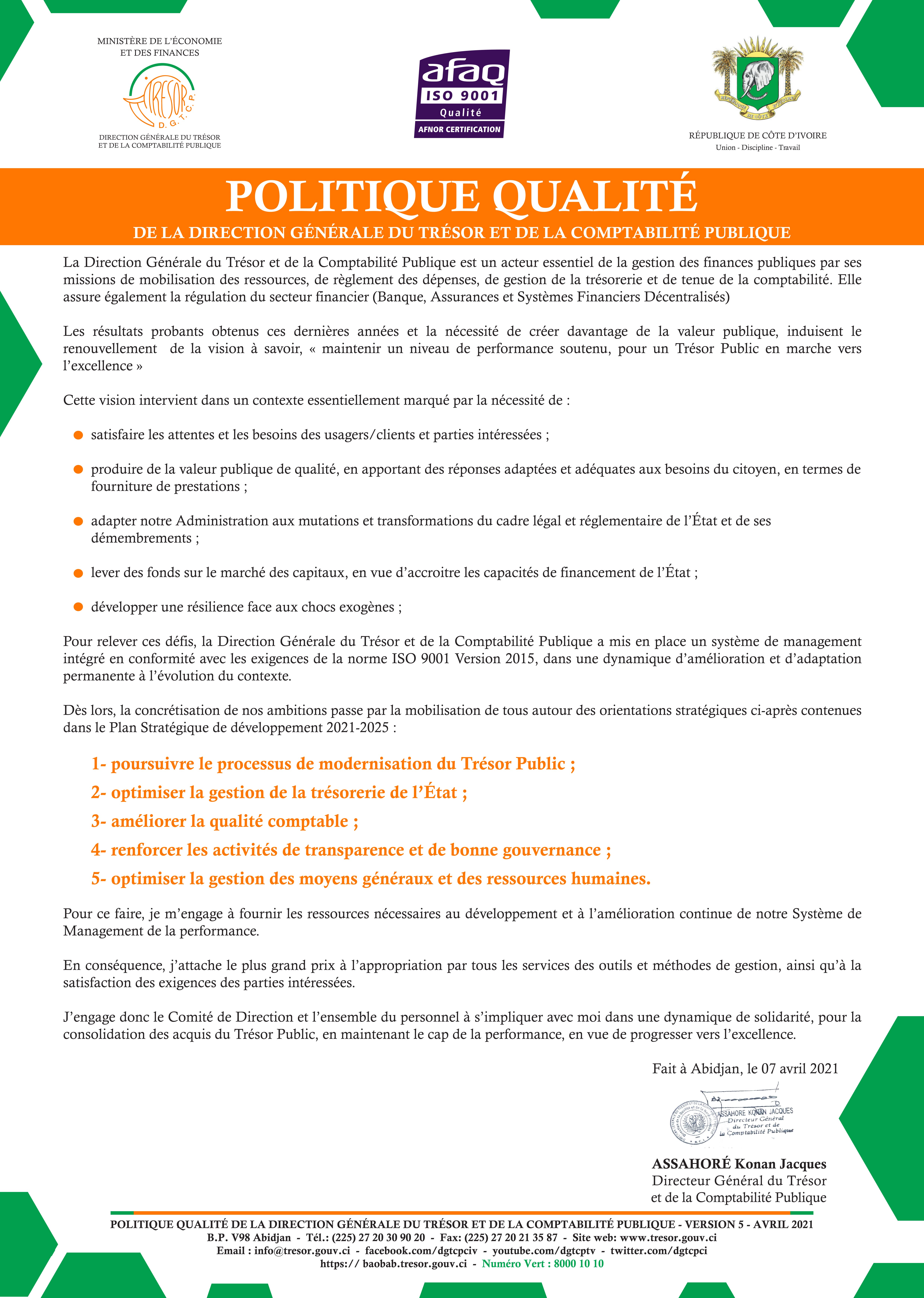 Politique qualité  DIRECTION GÉNÉRALE DU TRÉSOR ET DE LA COMPTABILITÉ